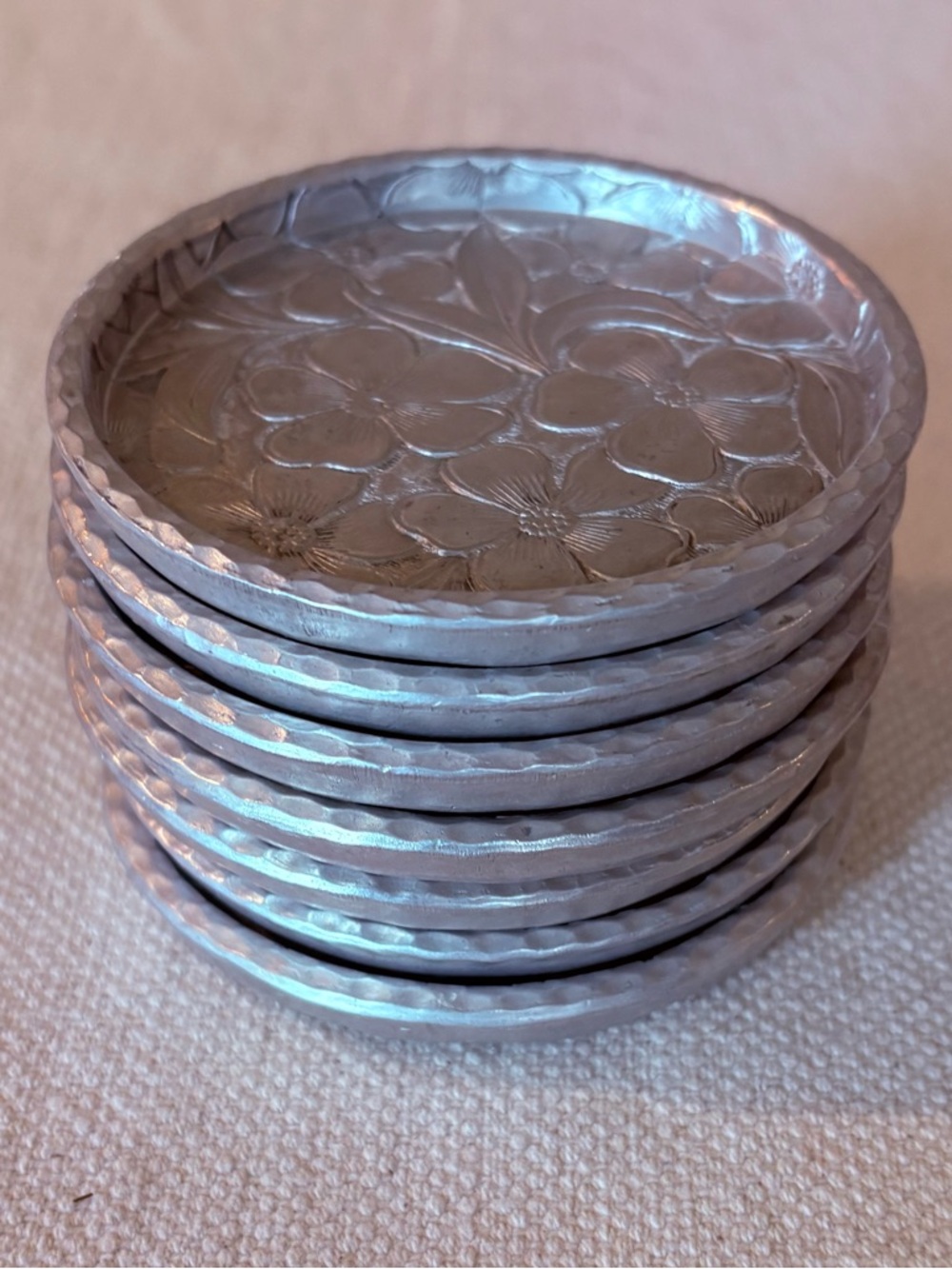 Vintage Everlast Hand Forged Hammered Aluminum Coasters Dogwood MCM Set of 7
